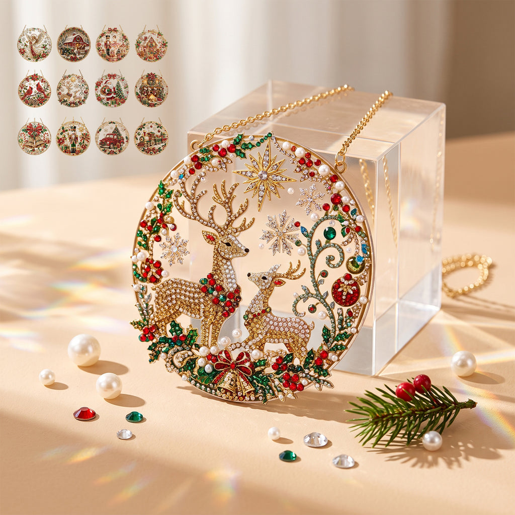 5D Diamond Art Ornament Kit - 8" Round Suncatcher Gem Painting Craft, Christmas DIY Kit for Kids