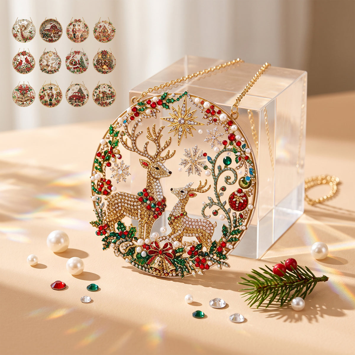 5D Diamond Art Ornament Kit - 8" Round Suncatcher Gem Painting Craft, Christmas DIY Kit for Kids