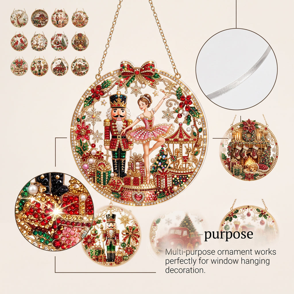 Christmas Pearl Diamond Art Ornament Kit, 8in Round Suncatcher, DIY Holiday Decor