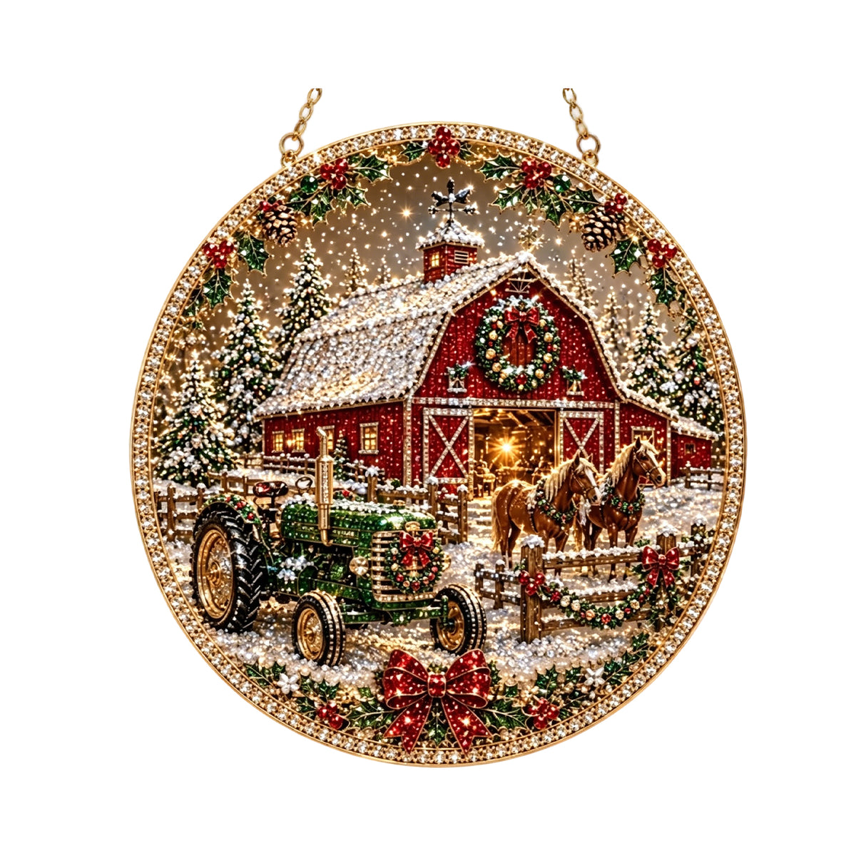 Christmas Barn Hanging Ornament, Round Red Green Country Style Decor for Home & Window