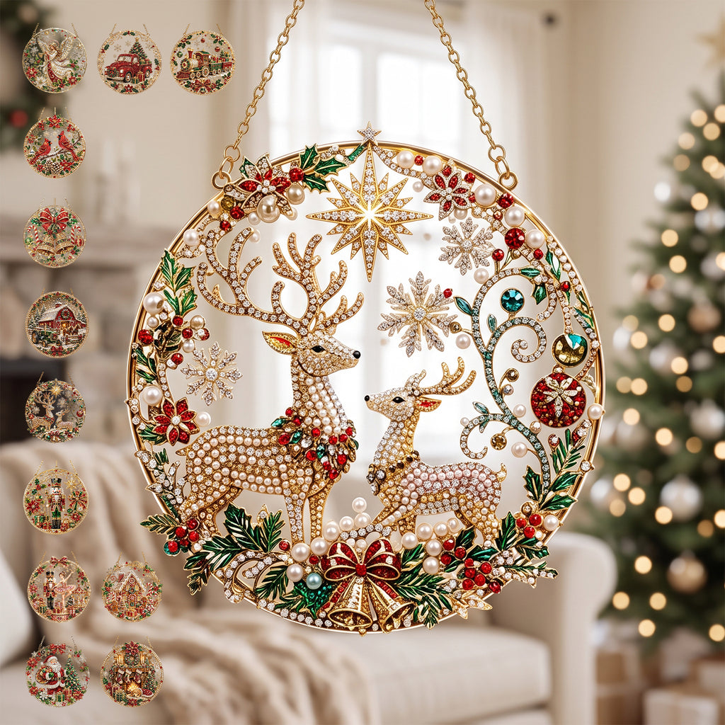 Christmas Pearl Diamond Art Ornament Kit, Reindeer Suncatcher Craft for Adults, Round Hanging Holiday Decor for Tree, Window & Wall, DIY Relaxing Craft Gift