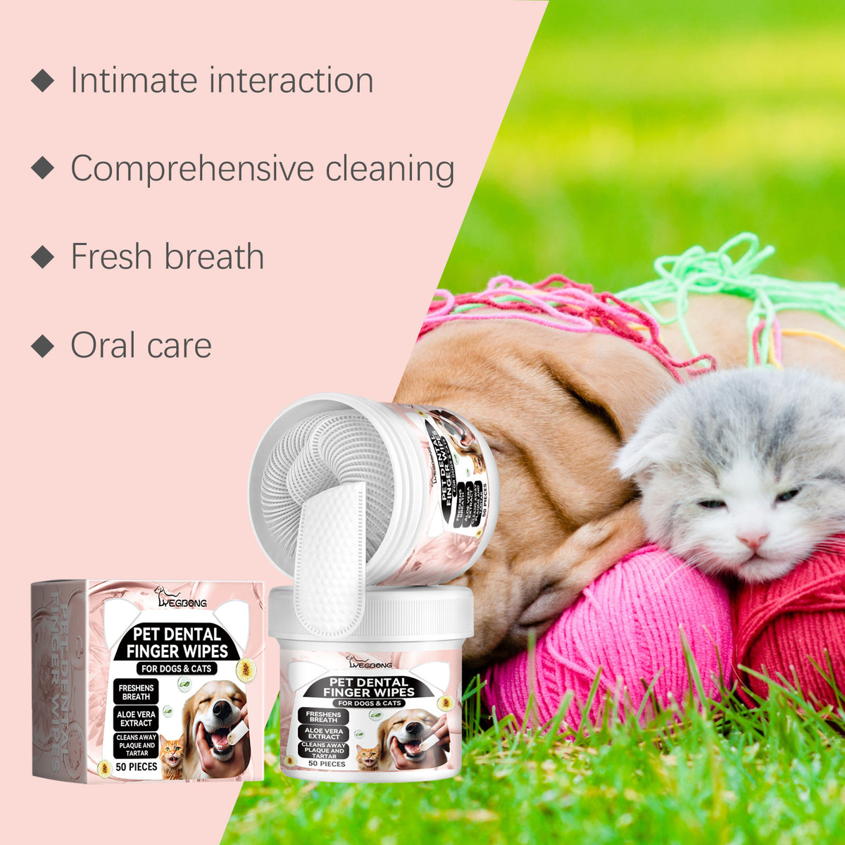 Pet Dental Finger Wipes for Dogs & Cats, 50 Count, Aloe Vera Teeth Cleaning Wipes, Freshens Breath