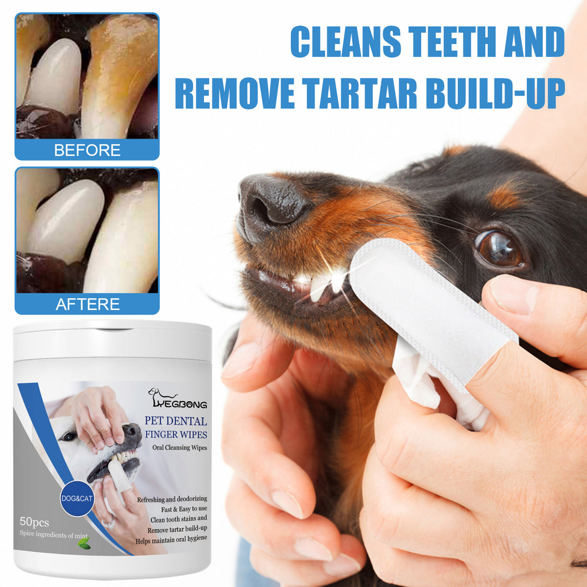 Mint Dental Finger Wipes for Dogs & Cats, 50 Ct – Clean Teeth, Freshen Breath, Plaque & Tartar Care
