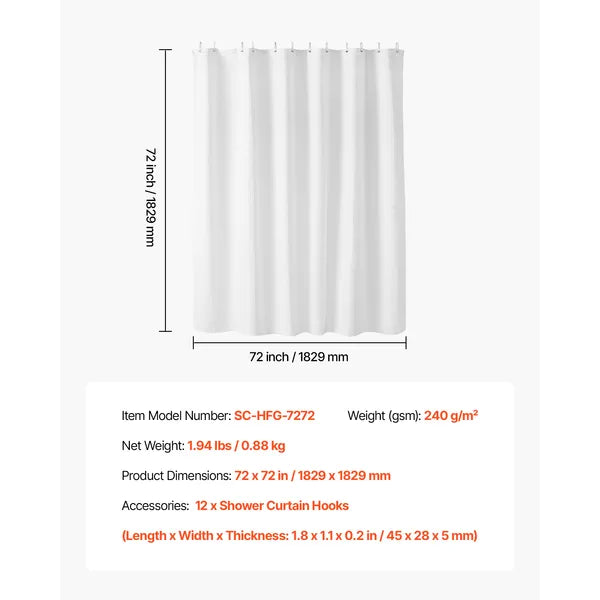 White Fabric Shower Curtain, 72"x72", 100% Polyester Water Repellent, Weighted Hem, Machine Washable for Bathroom