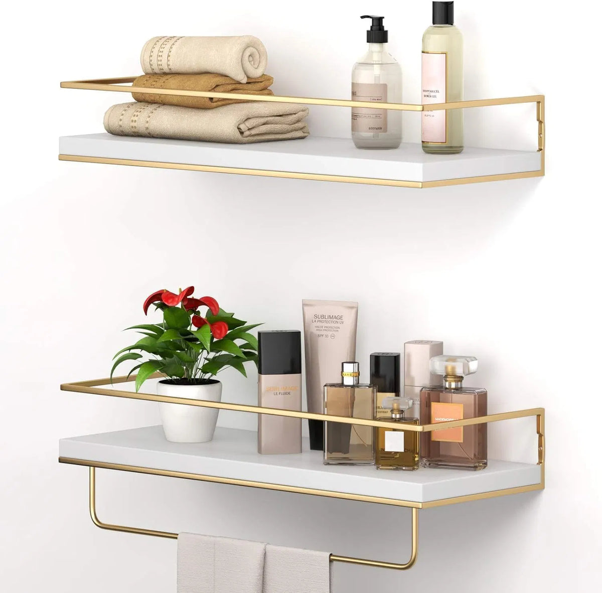 Floating Wall Mounted Wood Shelves with Gold Towel Bar - Set of 2, White, 15.7 Inch
