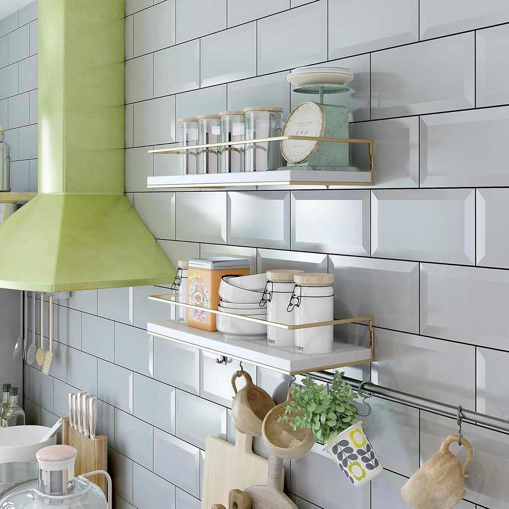 Floating Wall Mounted Wood Shelves with Gold Towel Bar - Set of 2, White, 15.7 Inch