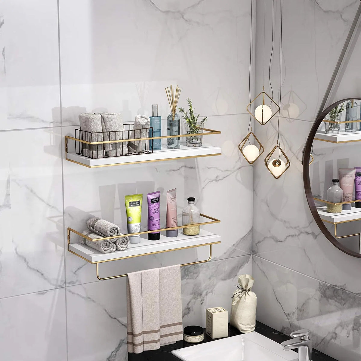 Floating Wall Mounted Wood Shelves with Gold Towel Bar - Set of 2, White, 15.7 Inch
