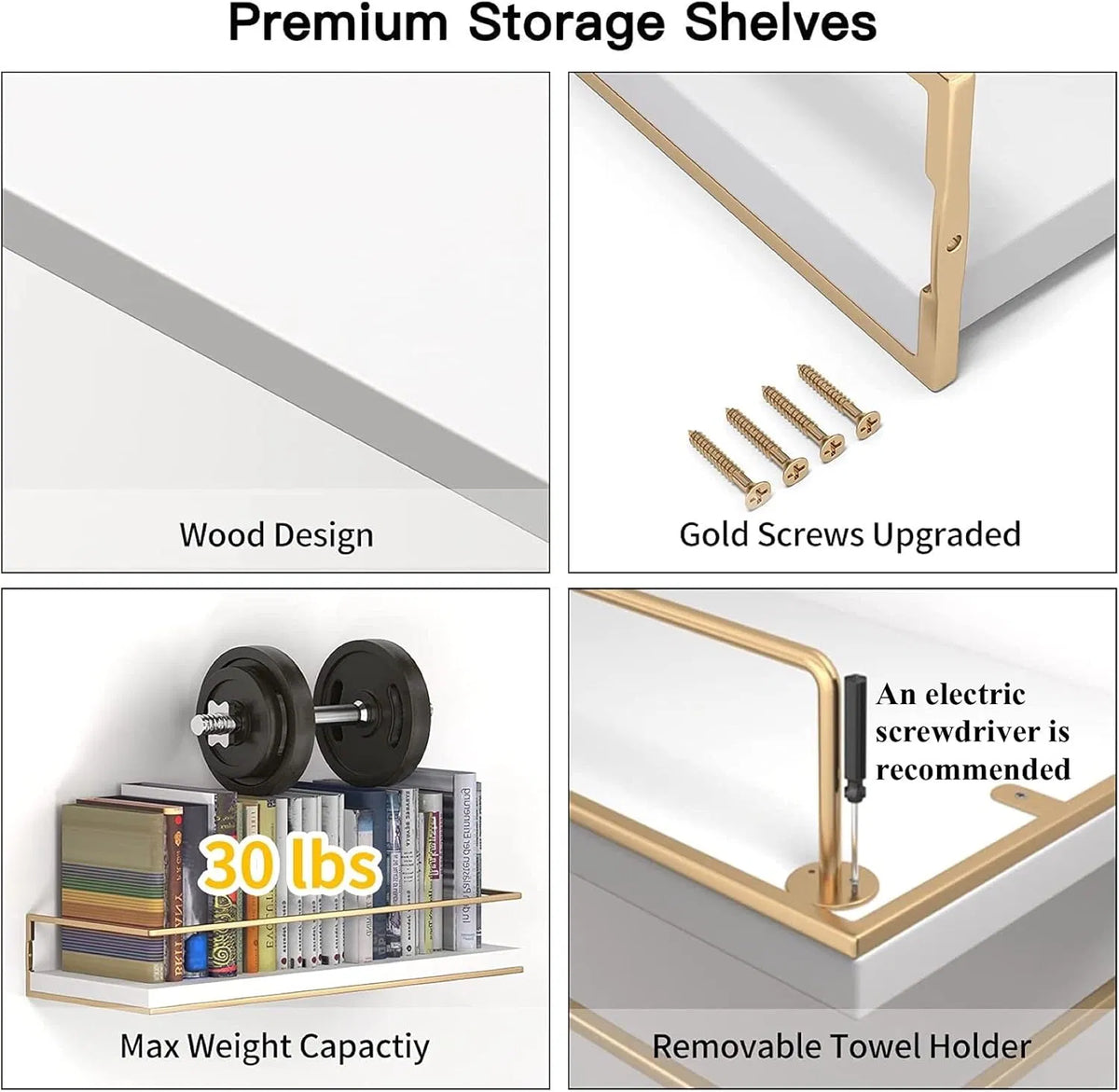 Floating Wall Mounted Wood Shelves with Gold Towel Bar - Set of 2, White, 15.7 Inch