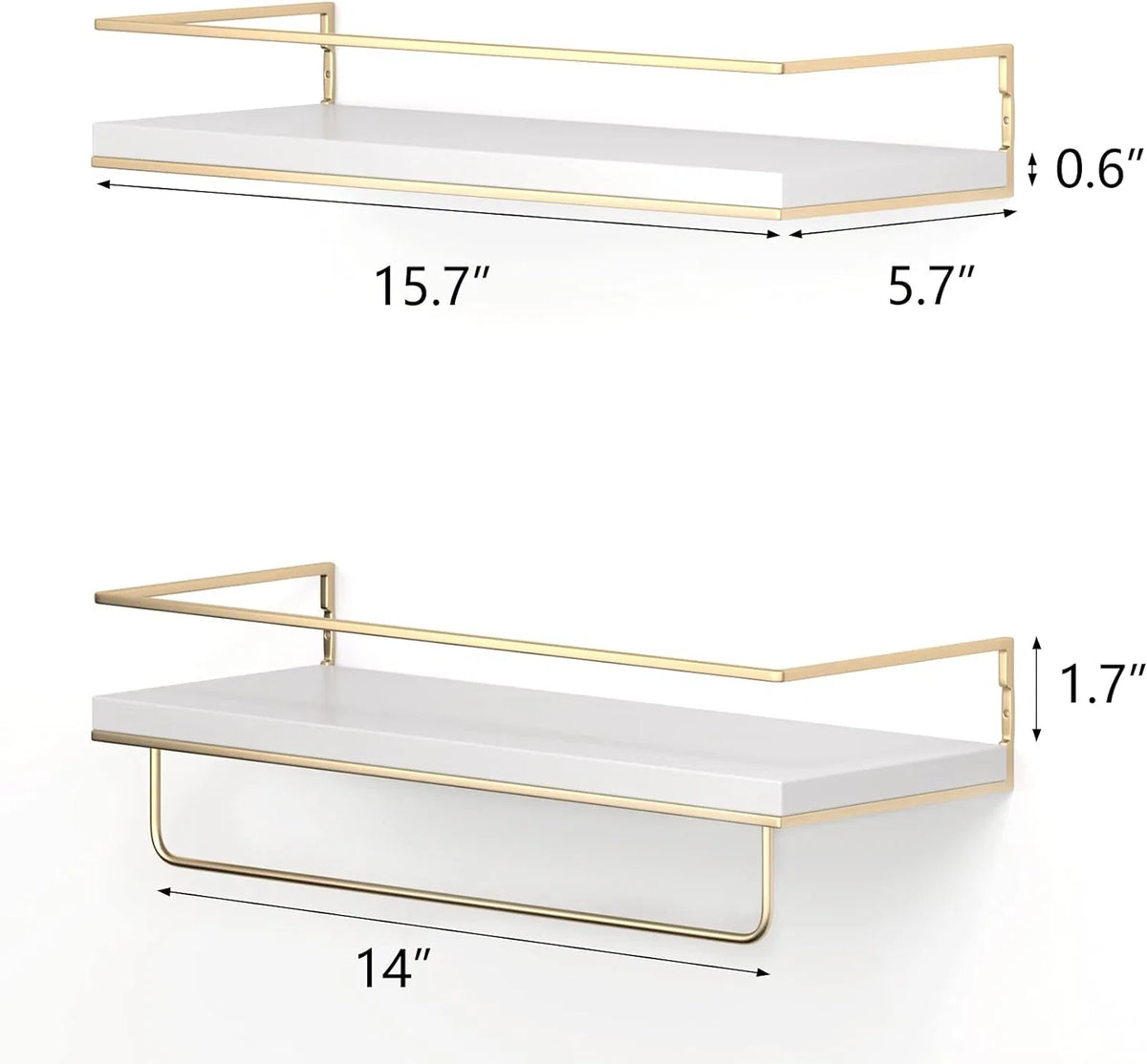 Floating Wall Mounted Wood Shelves with Gold Towel Bar - Set of 2, White, 15.7 Inch