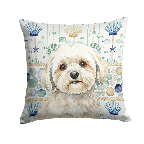 Aeelleea White Lhasa Apso Coastal Sea Glass Pillow 14x14 in, Nautical Dog Cushion for Couch Bed Patio