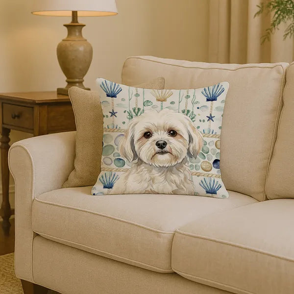 Aeelleea White Lhasa Apso Coastal Sea Glass Pillow 14x14 in, Nautical Dog Cushion for Couch Bed Patio