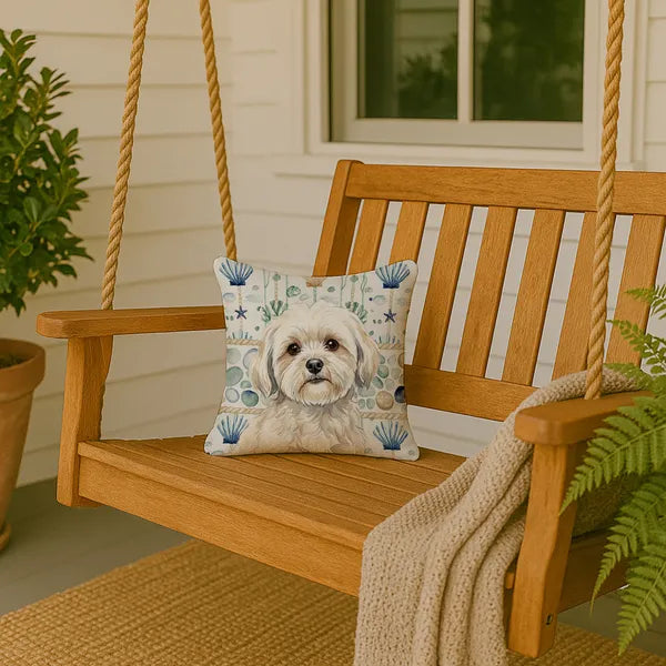Aeelleea White Lhasa Apso Coastal Sea Glass Pillow 14x14 in, Nautical Dog Cushion for Couch Bed Patio