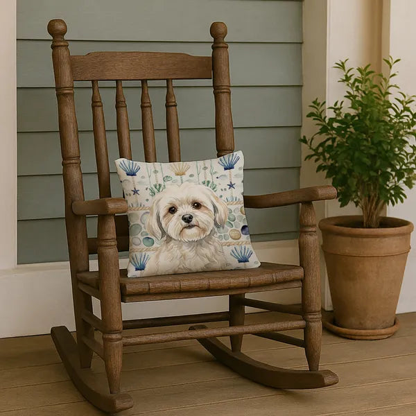 Aeelleea White Lhasa Apso Coastal Sea Glass Pillow 14x14 in, Nautical Dog Cushion for Couch Bed Patio