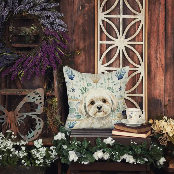 Aeelleea White Lhasa Apso Coastal Sea Glass Pillow 14x14 in, Nautical Dog Cushion for Couch Bed Patio