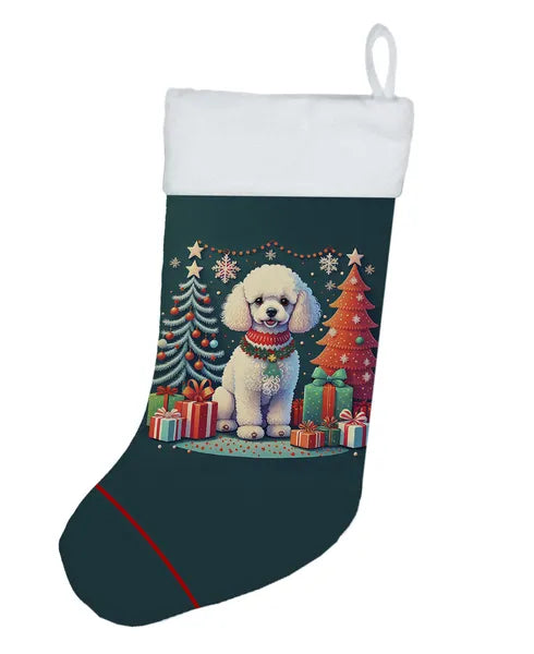 Poodle Christmas Stocking with Hanging Loop, Dog Holiday Stocking for Fireplace Mantel, Christmas Gift and Home Decor