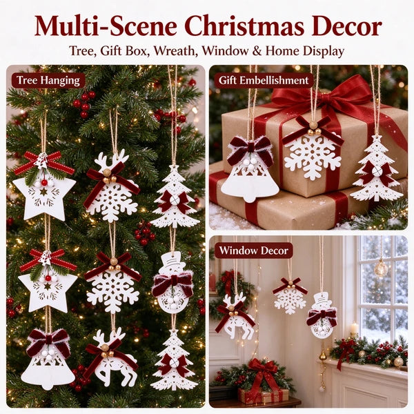 Aeelleea 6Pcs White Wooden Christmas Ornaments, 2.36-4.33in Hanging Pendants with Red Bow, Star Snowflake Reindeer for Xmas Tree Decor