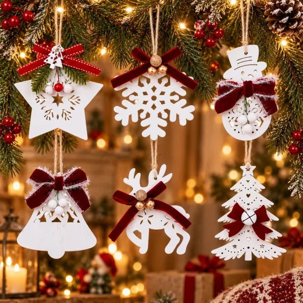 Aeelleea 6Pcs White Wooden Christmas Ornaments, 2.36-4.33in Hanging Pendants with Red Bow, Star Snowflake Reindeer for Xmas Tree Decor