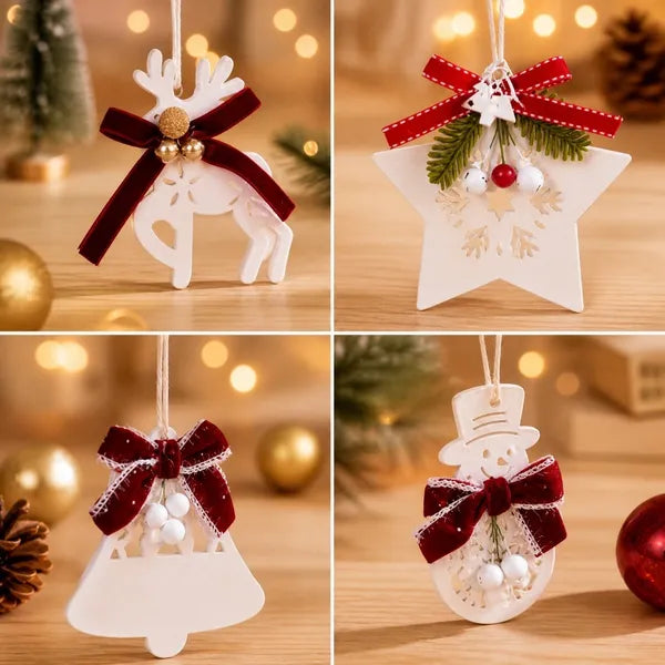 Aeelleea 6Pcs White Wooden Christmas Ornaments, 2.36-4.33in Hanging Pendants with Red Bow, Star Snowflake Reindeer for Xmas Tree Decor
