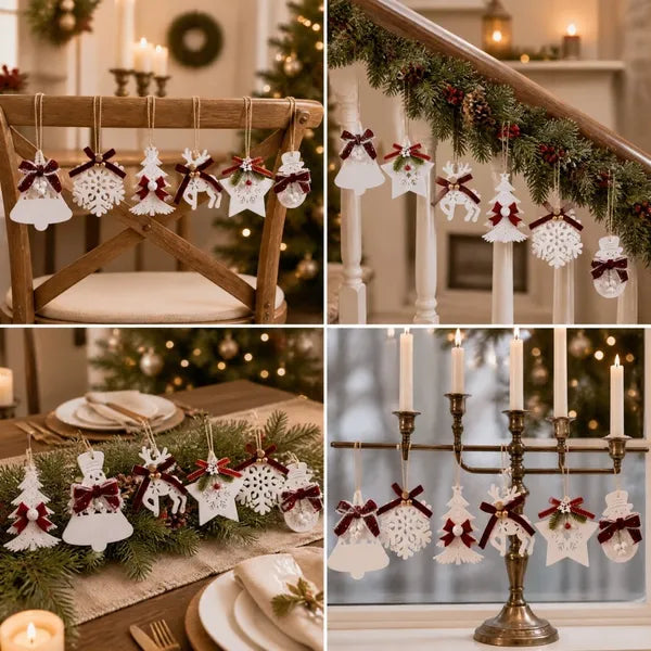 Aeelleea 6Pcs White Wooden Christmas Ornaments, 2.36-4.33in Hanging Pendants with Red Bow, Star Snowflake Reindeer for Xmas Tree Decor