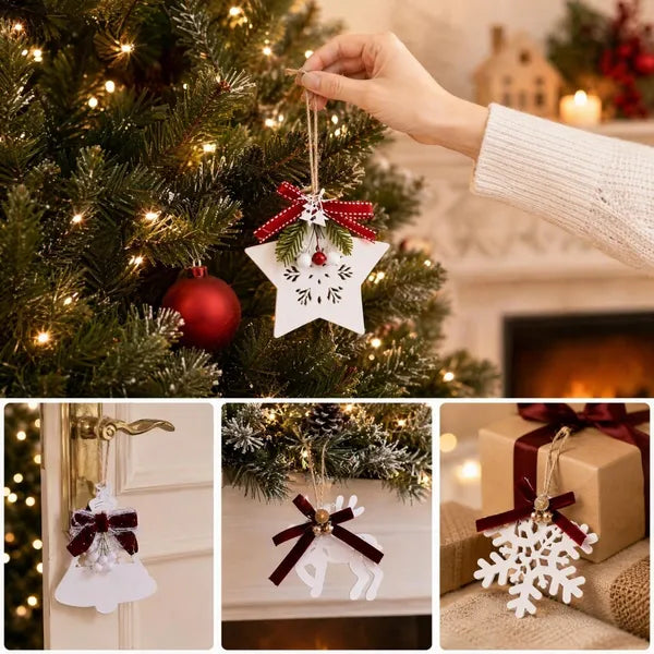 Aeelleea 6Pcs White Wooden Christmas Ornaments, 2.36-4.33in Hanging Pendants with Red Bow, Star Snowflake Reindeer for Xmas Tree Decor