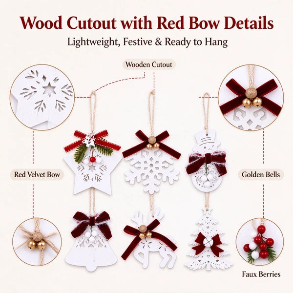 Aeelleea 6Pcs White Wooden Christmas Ornaments, 2.36-4.33in Hanging Pendants with Red Bow, Star Snowflake Reindeer for Xmas Tree Decor