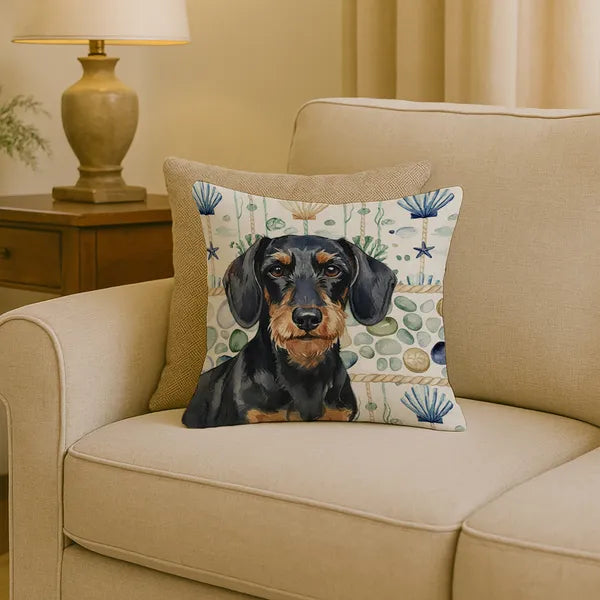 Aeelleea Wirehaired Dachshund Coastal Sea Glass Pillow 18x18 in