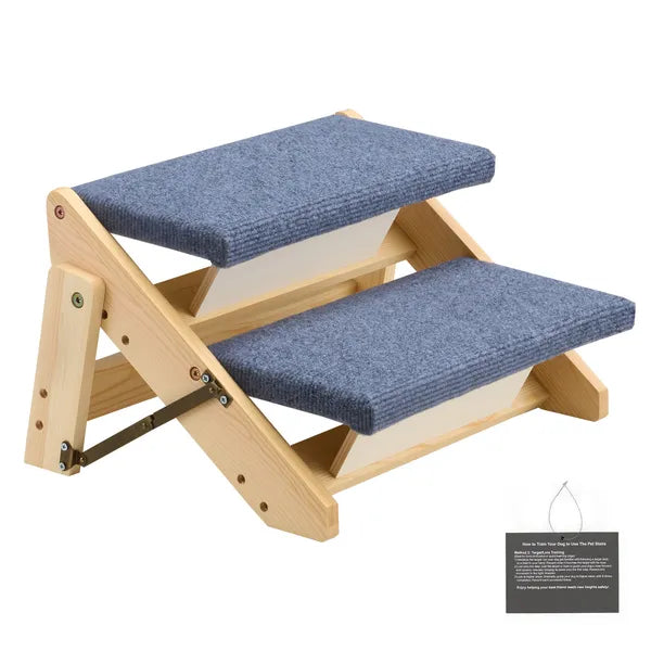 Foldable Wooden Pet Steps, 2-Step Dog Stairs with Non-Slip Carpet, Support up to 110lbs, Gentle Slope Ramp for Dogs & Cats to Reach Bed & Sofa