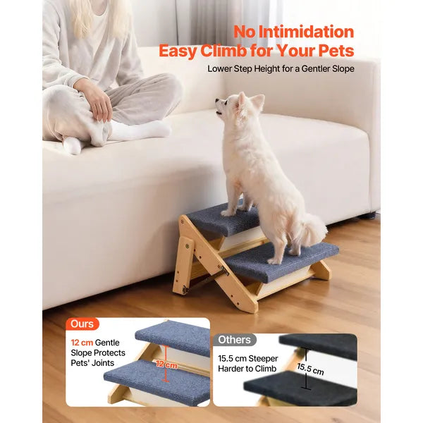 Foldable Wooden Pet Steps, 2-Step Dog Stairs with Non-Slip Carpet, Support up to 110lbs, Gentle Slope Ramp for Dogs & Cats to Reach Bed & Sofa