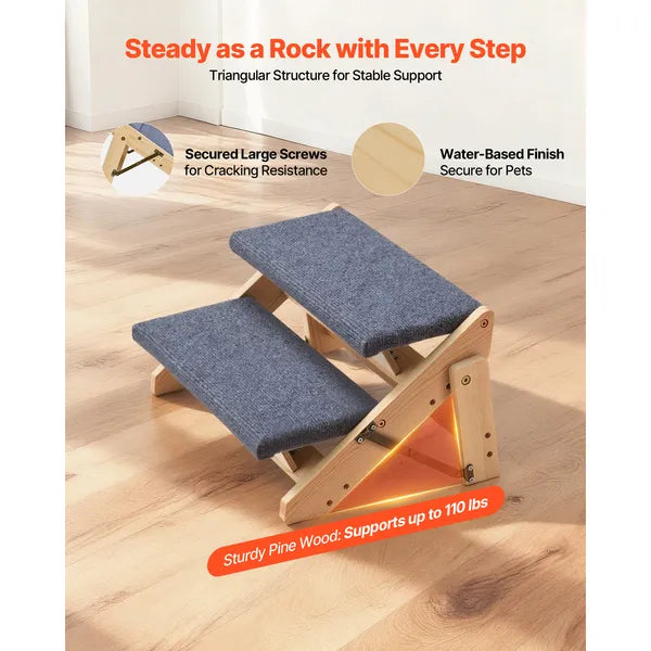 Foldable Wooden Pet Steps, 2-Step Dog Stairs with Non-Slip Carpet, Support up to 110lbs, Gentle Slope Ramp for Dogs & Cats to Reach Bed & Sofa