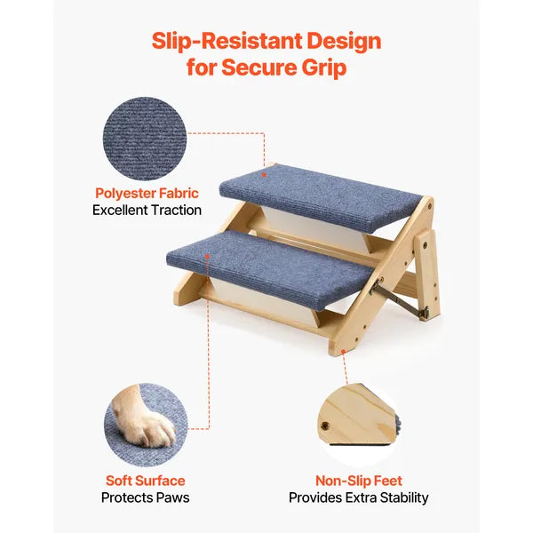 Foldable Wooden Pet Steps, 2-Step Dog Stairs with Non-Slip Carpet, Support up to 110lbs, Gentle Slope Ramp for Dogs & Cats to Reach Bed & Sofa