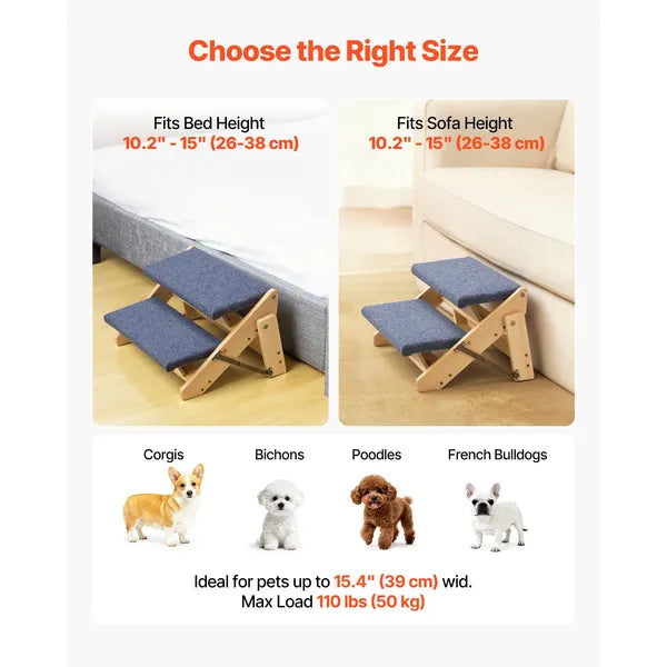Foldable Wooden Pet Steps, 2-Step Dog Stairs with Non-Slip Carpet, Support up to 110lbs, Gentle Slope Ramp for Dogs & Cats to Reach Bed & Sofa