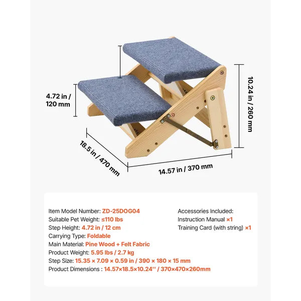 Foldable Wooden Pet Steps, 2-Step Dog Stairs with Non-Slip Carpet, Support up to 110lbs, Gentle Slope Ramp for Dogs & Cats to Reach Bed & Sofa