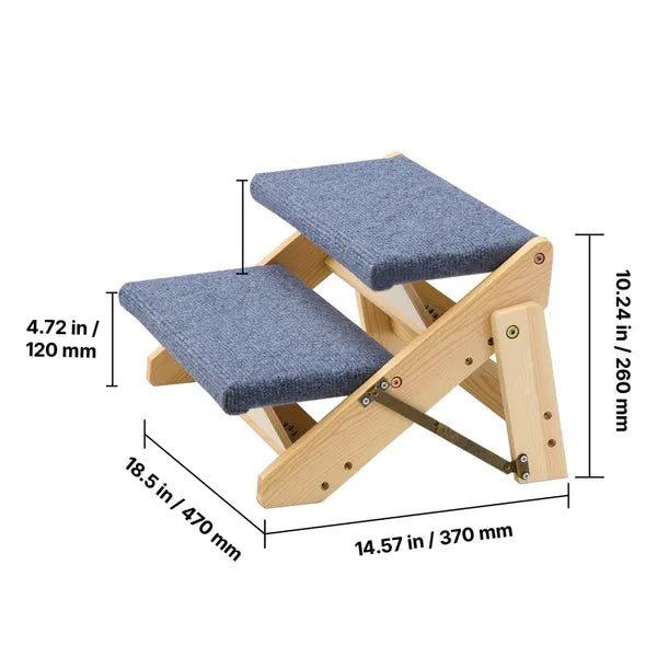Foldable Wooden Pet Steps, 2-Step Dog Stairs with Non-Slip Carpet, Support up to 110lbs, Gentle Slope Ramp for Dogs & Cats to Reach Bed & Sofa