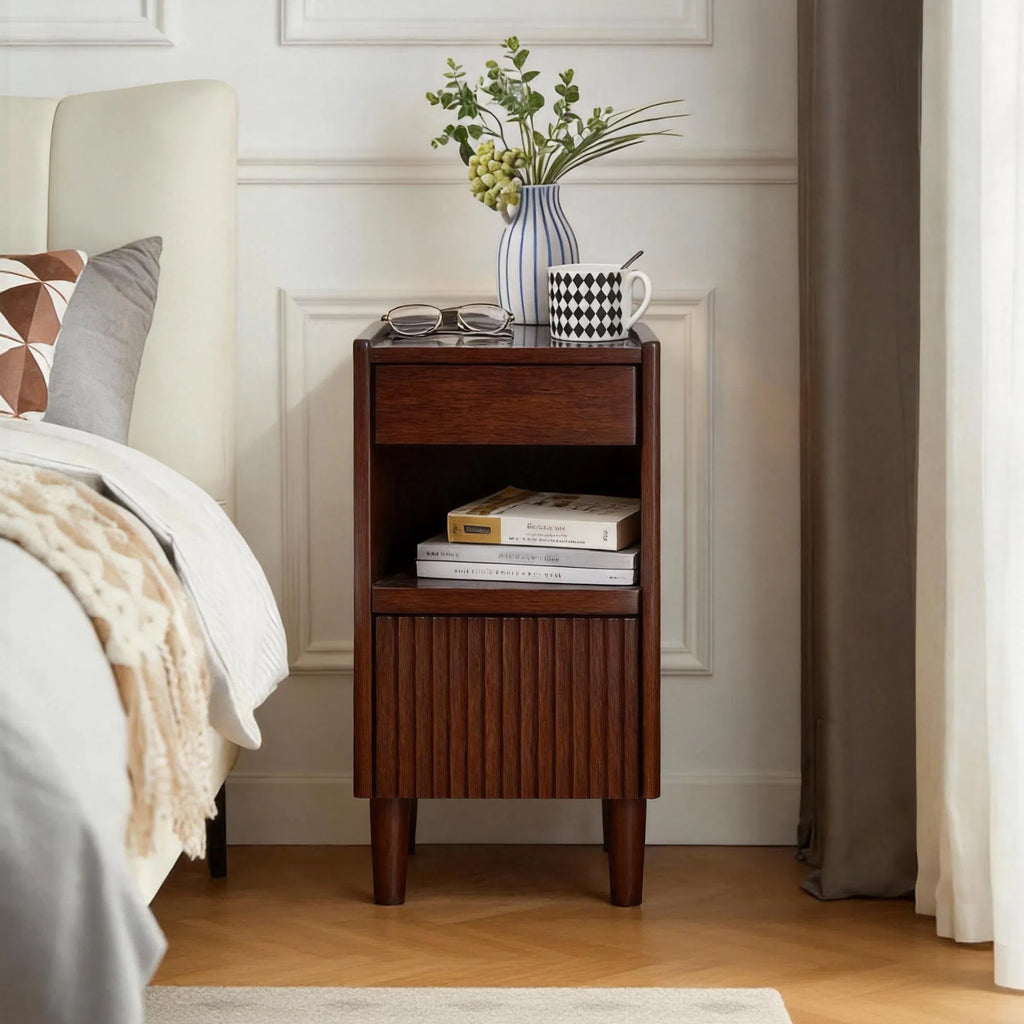 Rubber Wood Nightstand with 1 Drawer & Open Shelf, Walnut Narrow Bedside Table, Solid Wood Side Cabinet with Wire Hole for Bedroom Living Room