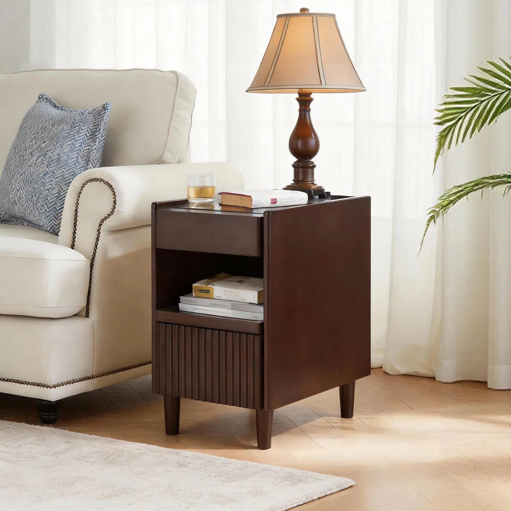 Rubber Wood Nightstand with 1 Drawer & Open Shelf, Walnut Narrow Bedside Table, Solid Wood Side Cabinet with Wire Hole for Bedroom Living Room