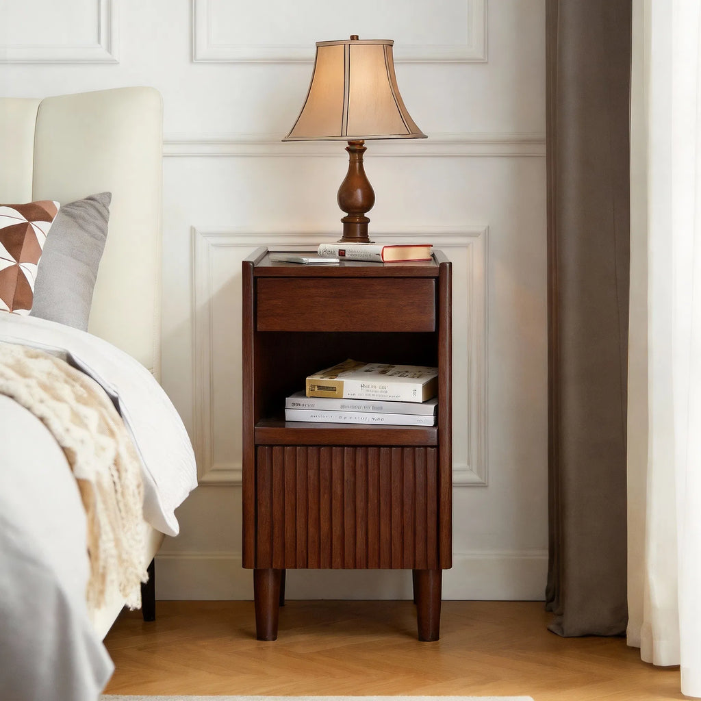 Rubber Wood Nightstand with 1 Drawer & Open Shelf, Walnut Narrow Bedside Table, Solid Wood Side Cabinet with Wire Hole for Bedroom Living Room