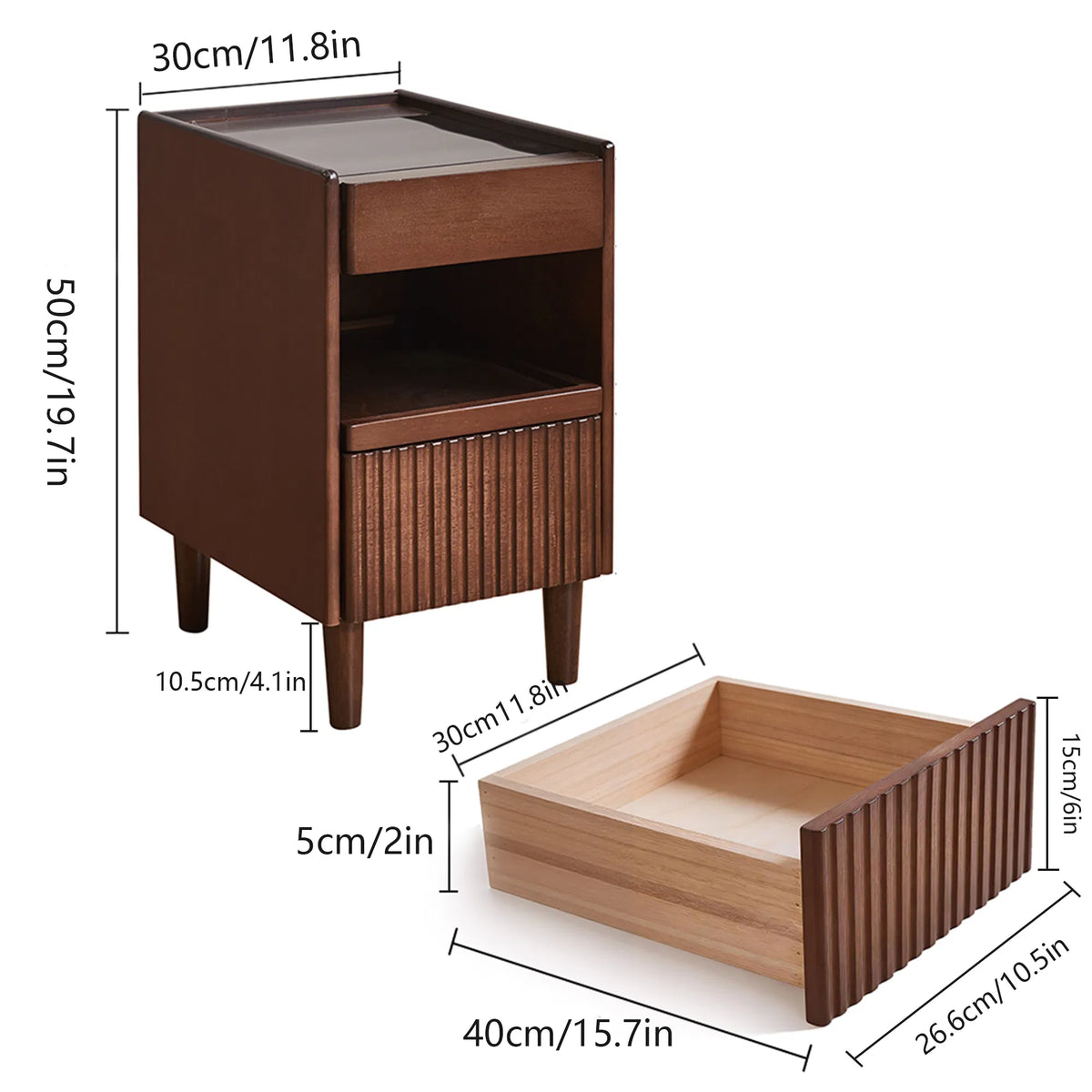 Rubber Wood Nightstand with 1 Drawer & Open Shelf, Walnut Narrow Bedside Table, Solid Wood Side Cabinet with Wire Hole for Bedroom Living Room
