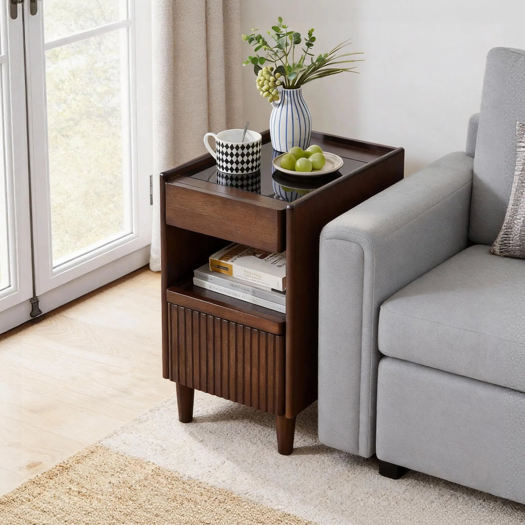 Rubber Wood Nightstand with 1 Drawer & Open Shelf, Walnut Narrow Bedside Table, Solid Wood Side Cabinet with Wire Hole for Bedroom Living Room