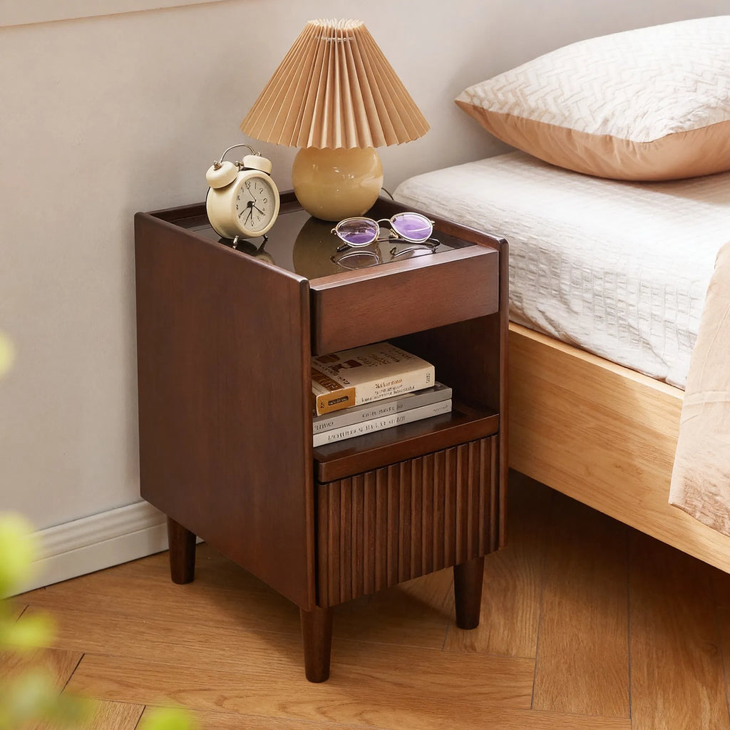 Rubber Wood Nightstand with 1 Drawer & Open Shelf, Walnut Narrow Bedside Table, Solid Wood Side Cabinet with Wire Hole for Bedroom Living Room