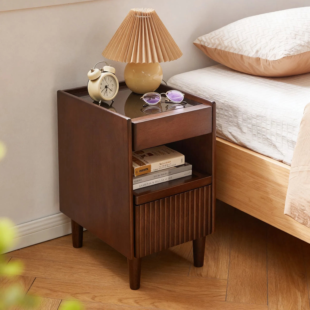 Rubber Wood Nightstand with 1 Drawer & Open Shelf, Walnut Narrow Bedside Table, Solid Wood Side Cabinet with Wire Hole for Bedroom Living Room