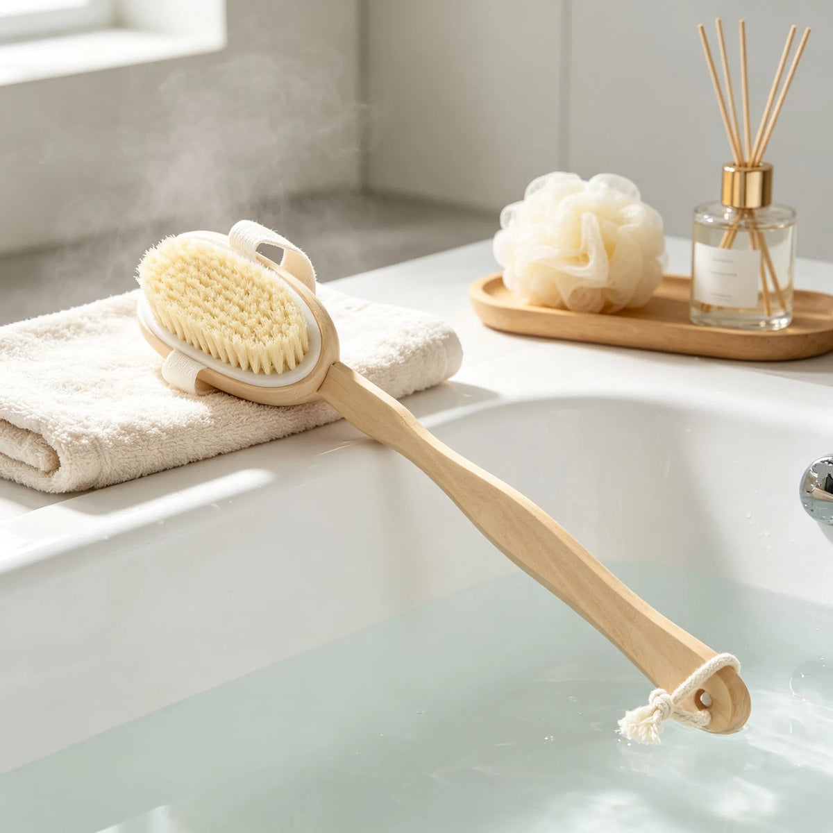 15‑Inch Detachable Wooden 2‑in‑1 Shower Body Brush, Medium‑Stiff Bristles Back Scrubber with Hanging Hemp Rope for Wet & Dry Bath Cleansing