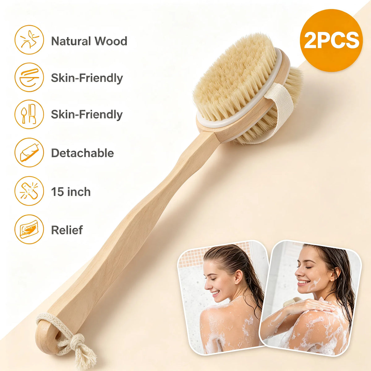 15‑Inch Detachable Wooden 2‑in‑1 Shower Body Brush, Medium‑Stiff Bristles Back Scrubber with Hanging Hemp Rope for Wet & Dry Bath Cleansing