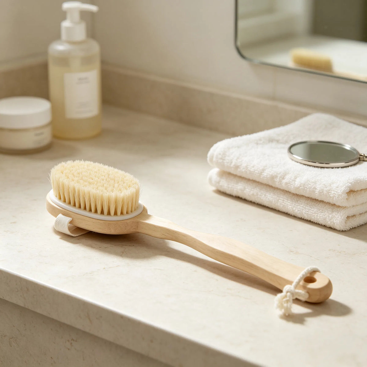 15‑Inch Detachable Wooden 2‑in‑1 Shower Body Brush, Medium‑Stiff Bristles Back Scrubber with Hanging Hemp Rope for Wet & Dry Bath Cleansing
