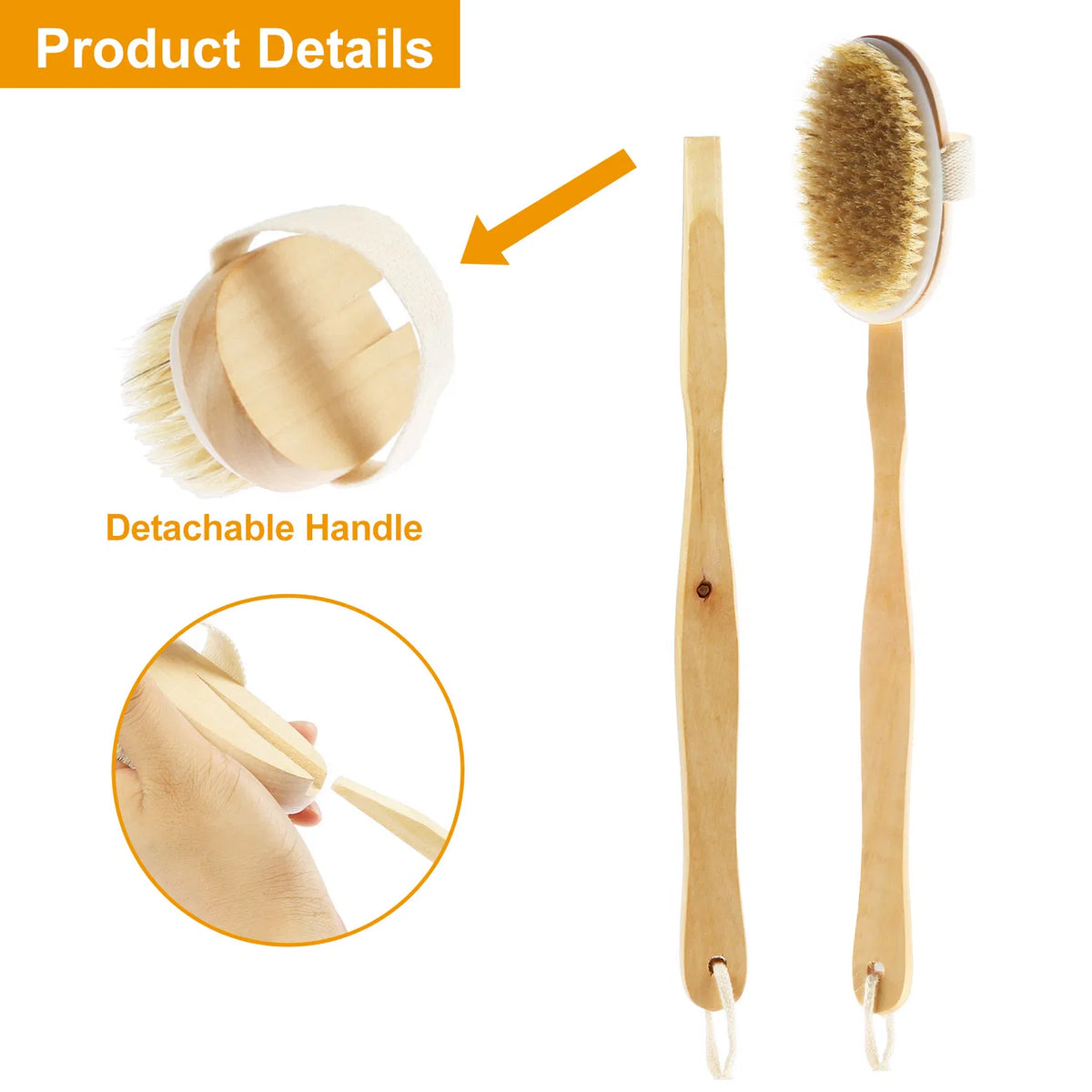 15‑Inch Detachable Wooden 2‑in‑1 Shower Body Brush, Medium‑Stiff Bristles Back Scrubber with Hanging Hemp Rope for Wet & Dry Bath Cleansing