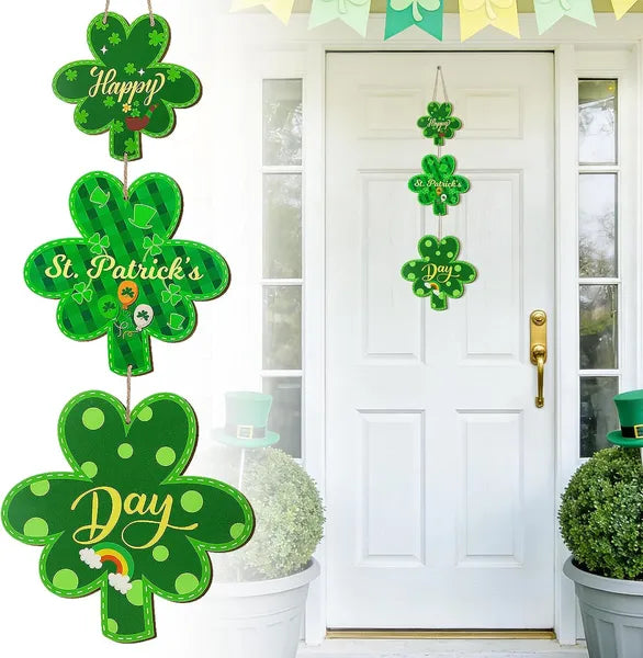 Aeelleea St. Patrick's Day Wooden Wreath for Front Door, 10"x33.5" Large Lucky Clover Happy St Patricks Sign Wall Hanging Home Decor Gift