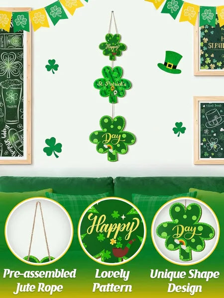 Aeelleea St. Patrick's Day Wooden Wreath for Front Door, 10"x33.5" Large Lucky Clover Happy St Patricks Sign Wall Hanging Home Decor Gift