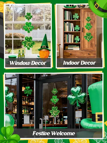 Aeelleea St. Patrick's Day Wooden Wreath for Front Door, 10"x33.5" Large Lucky Clover Happy St Patricks Sign Wall Hanging Home Decor Gift