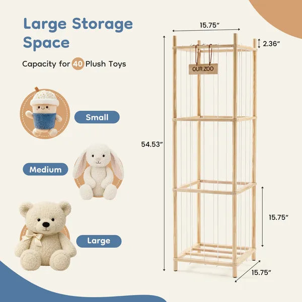 Aeelleea Wooden Stuffed Animal Storage Zoo, 54.53 Inch Tall Plush Toy Holder, Kids Room Organizer for Bedroom Nursery Playroom