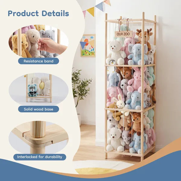 Aeelleea Wooden Stuffed Animal Storage Zoo, 54.53 Inch Tall Plush Toy Holder, Kids Room Organizer for Bedroom Nursery Playroom