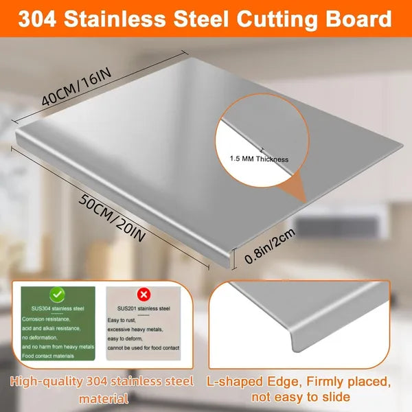 304 Stainless Steel Cutting Board with L-Shaped Edge, 1.5MM Thick Food Grade Pastry Board for Kitchen Dough Meat